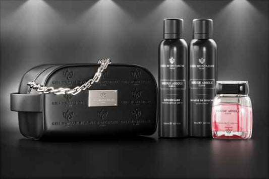 Coffret Rouge Absolu Élixir Homme de Gris Montaigne Paris, Élégance Intemporelle.